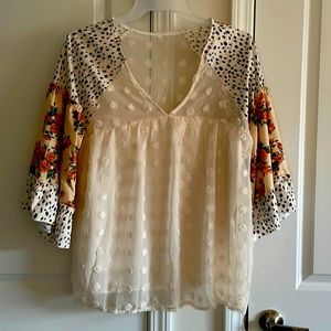 Chiffon flower print panel ruffle V-neck top